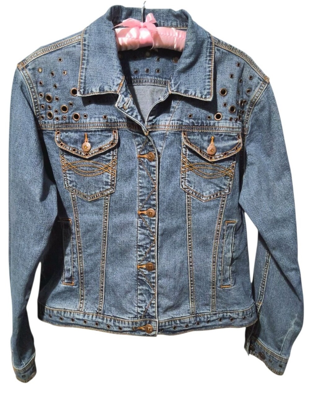 Ethyl Denim Jean Jacket with Grommet Accents - Western Boho - Size Medium